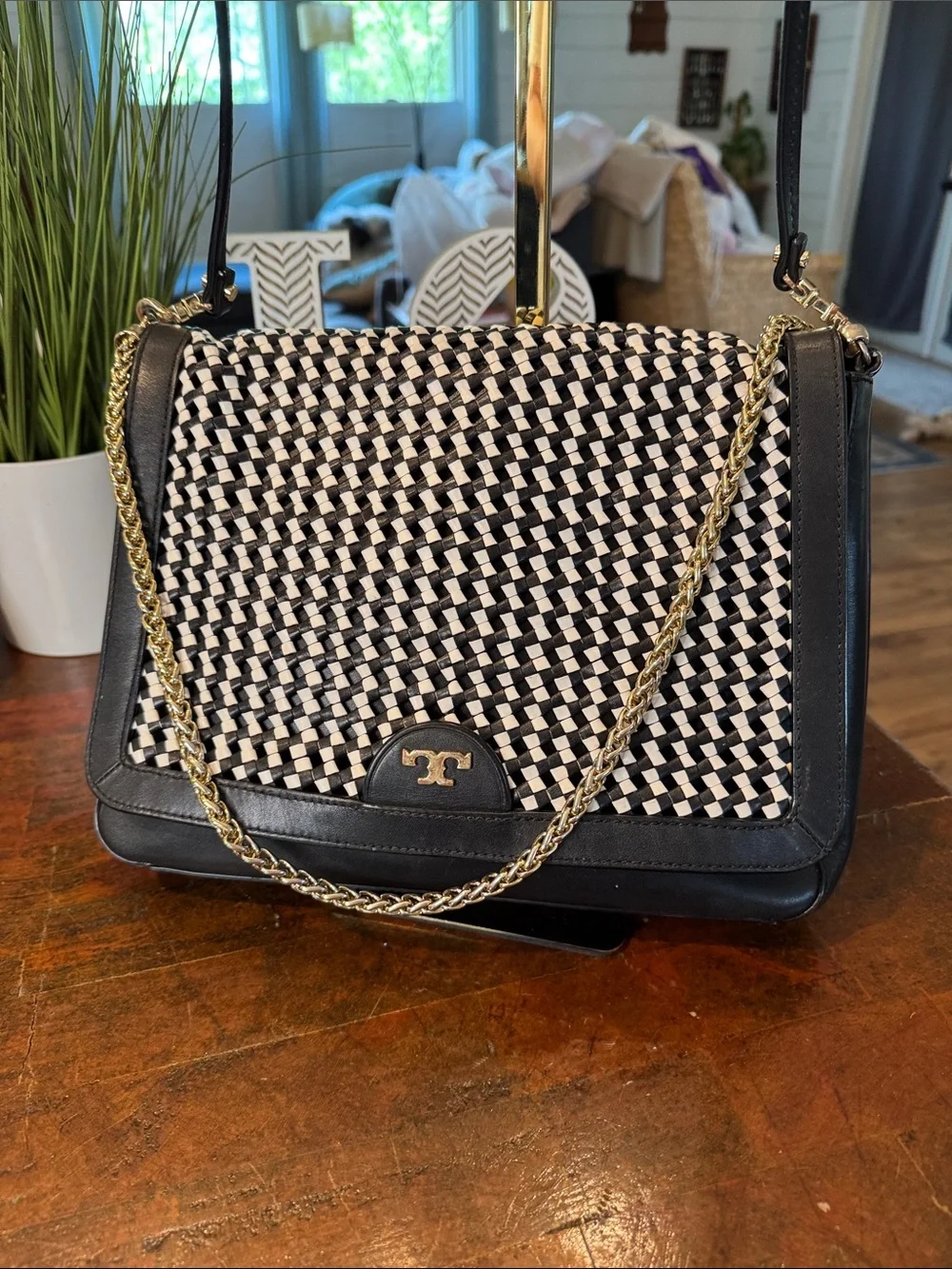 Tory Burch Black & White Woven Crossbody with Gold Chain
